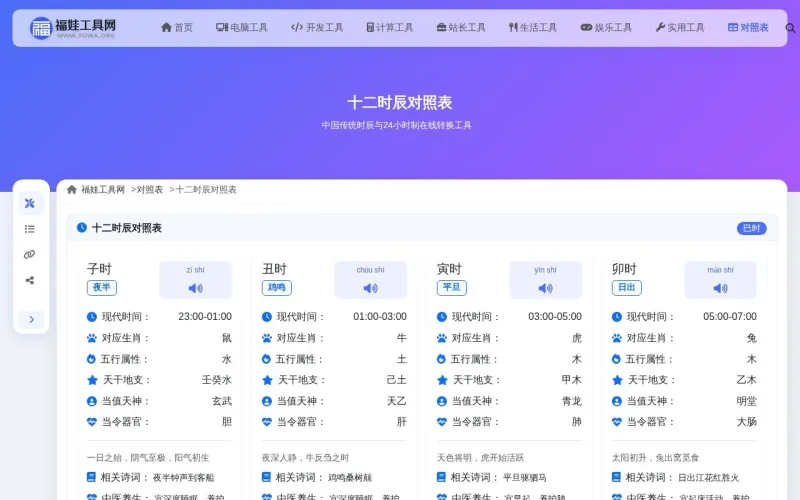 十二时辰对照表界面展示