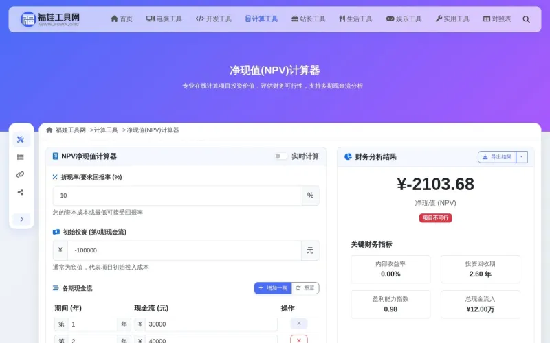 净现值(NPV)计算器界面展示