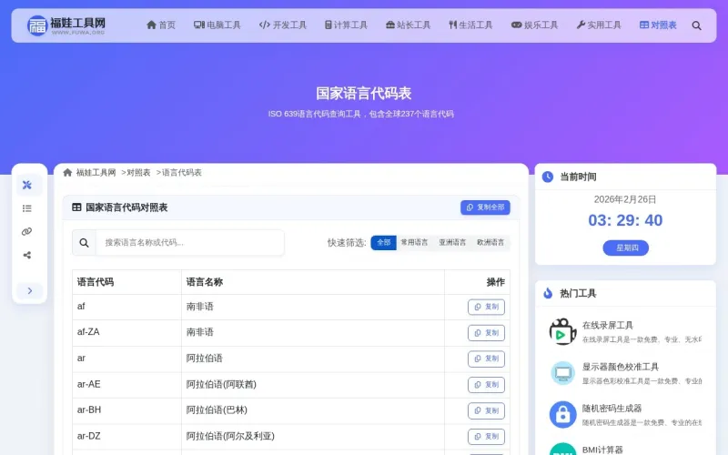 国家语言代码表界面展示