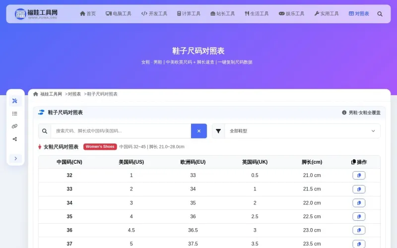鞋子尺码对照表