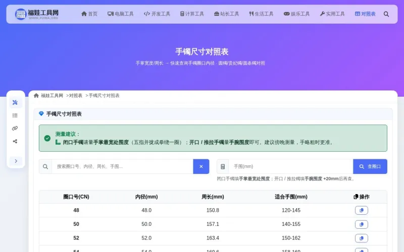 手镯尺寸对照表